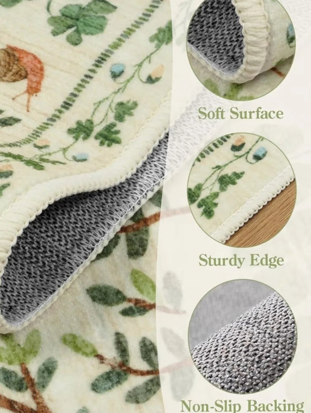 NWT 3'x5' Botanical Greenery Area Rug Non-Slip Machine Washable In Cream/Green